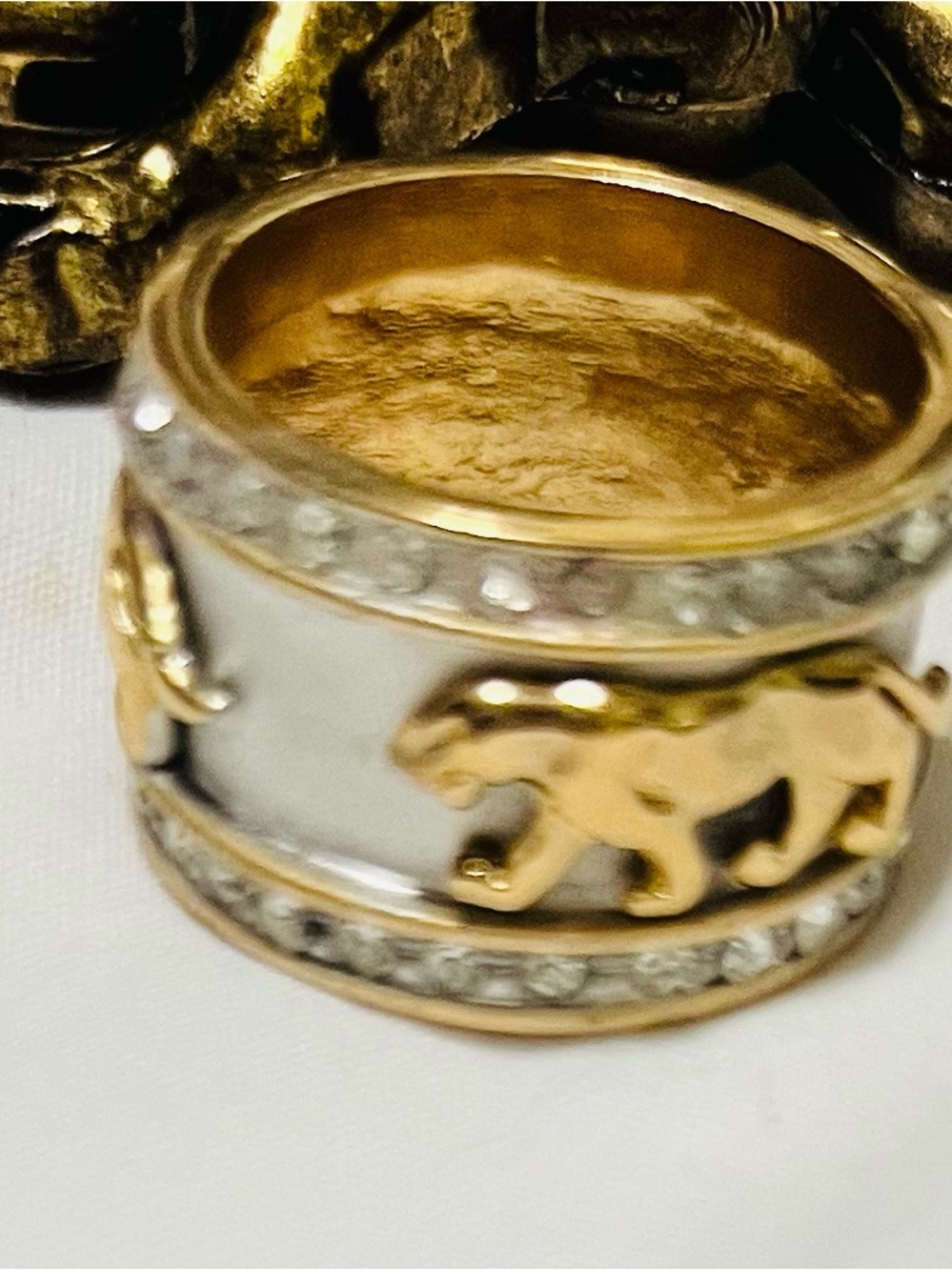 Gold and Silver Panther Wide Band Ring with Crystal Accents